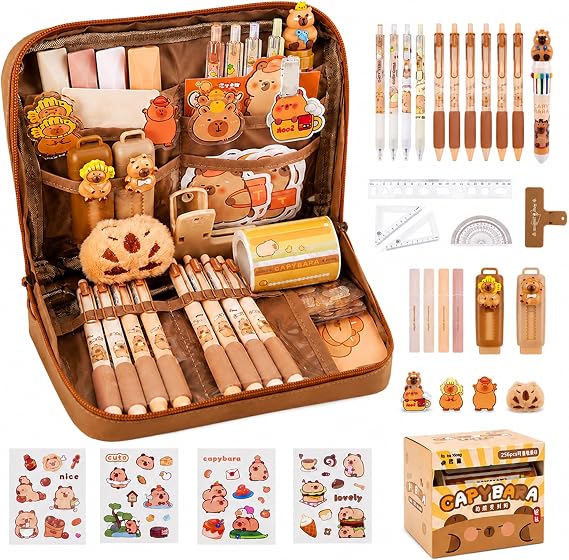 Capybara Pencil Case, Capybara Stationery Set, Cute Capybaras Gifts Set Include Capybaras Pencil Case/Capybara Pens/Stickers and MoreNotes, for Boys Girls Students Gifts