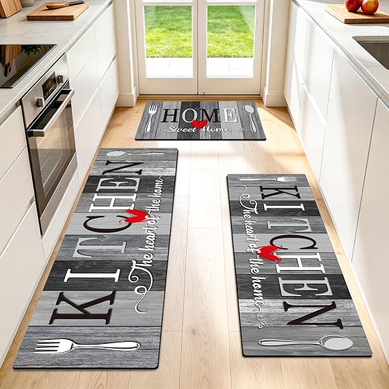 Kitchen Rugs Set 3 Piece, Non Slip Kitchen Mats for Floor, Soft Fabric with Rubber Backing, Farmhouse Anti Fatigue Runners Carpet for Home Kitchen Laundry Room Hallway (Rustic Grey & Black)