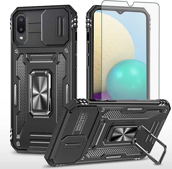 Asuwish Phone Case for Samsung Galaxy A02 with Screen Protector and Slide Camera Cover Magnetic Ring Holder Kickstand Cell Accessories Gaxaly A 02 5G Glaxay 02A Galaxies Ao2 M02 Women Men Black