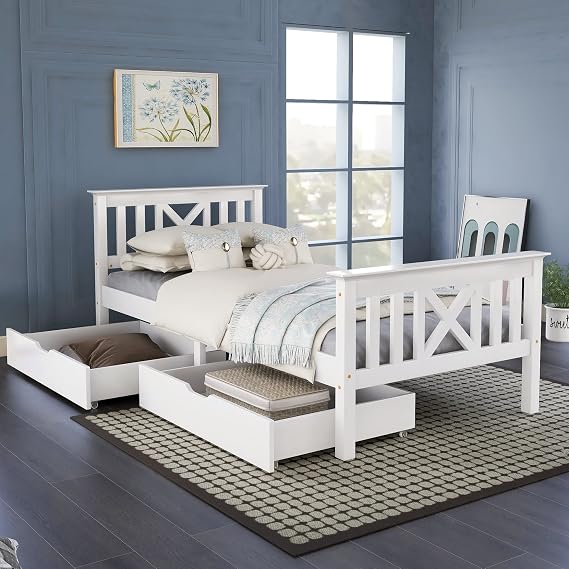 Merax Single Bed Wooden Frame with Storage, White Solid Pine Storage Bed with 2 Drawers, Wood Slat Support, for Adults, Kids, Teenagers, White, 90x190cm