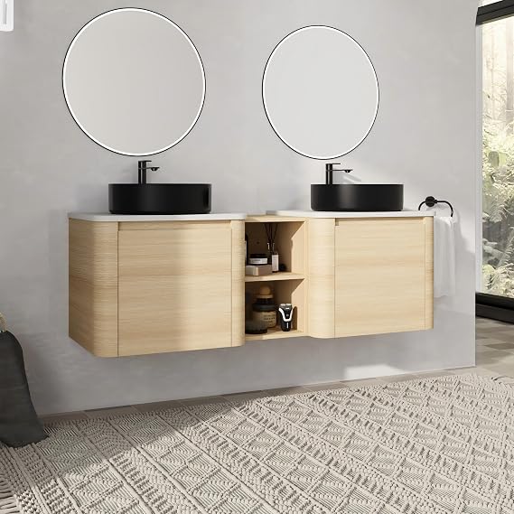 60" Bathroom Vanity with Sink, 60 Inch Floating Vanity, Double Ceramic Sink Wall Mounted Vanity Combo, Modern Brown Bathroom Vanity Set with 2 Soft Close Door and 1 Storage Shelf