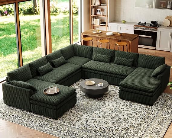 Belffin Large Modular Sectional Sofa with Double Deep Chaise and Loveseat, Corduroy U Shaped Couch with 9" Soft Dual-Layer 9 Seats Cushion for Living Room, Apartment, Green