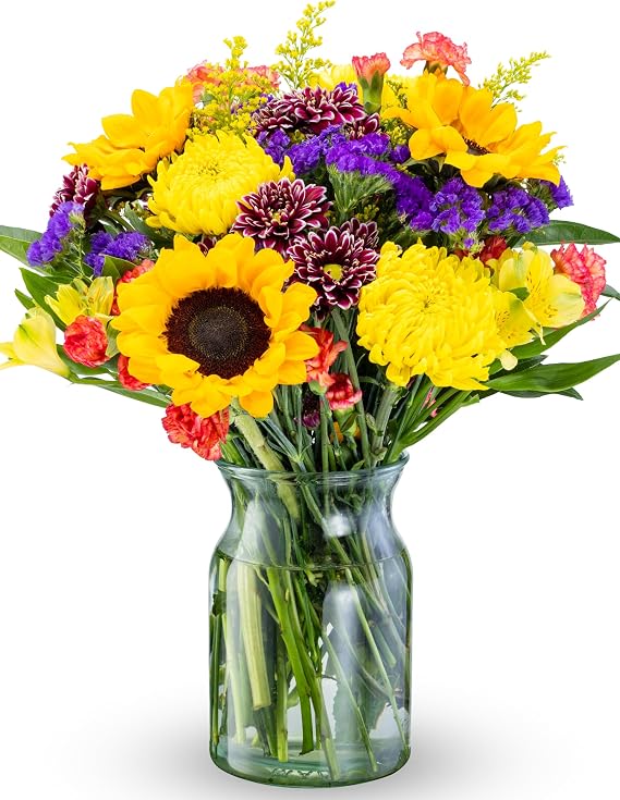 Benchmark Bouquets Flowering Fields Sunflower Bouquet - Birthday Flowers for Delivery - Fresh Flowers Bouquet - Birthday & Get Well Gifts for Women - Glass Vase Included