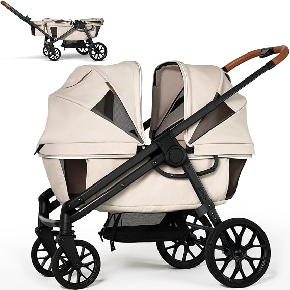 Tandem Wagon Stroller for 2 Kids, All-Terrain with Removable UV Canopy, Adjustable Slide/Pull Handle, Snack Tray and Drink Holder, Perfect for Baby and Toddler (Khaki)
