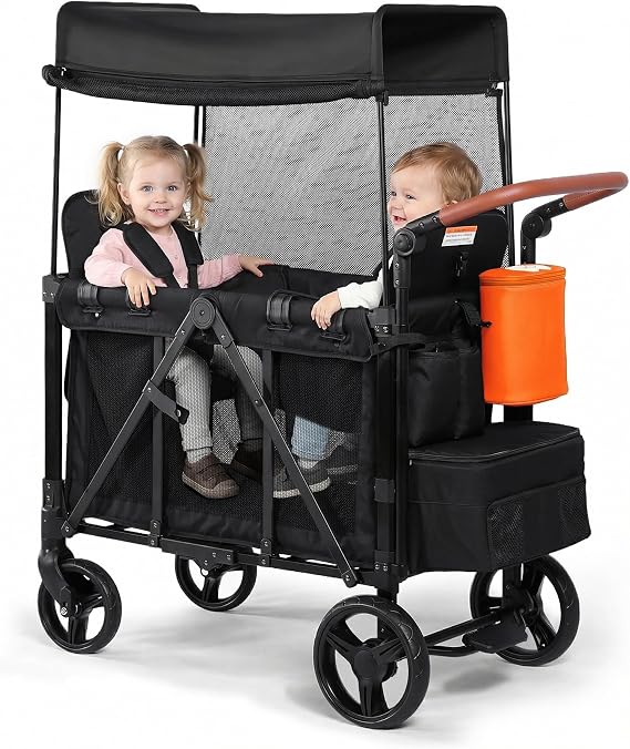 Wagon Stroller for 2 Kids with Insulated Snack Pack Foldable All-Terrain Wagon Stroller, 5-Point Harness & Canopy Parent Organizer Adjustable Handle,Black