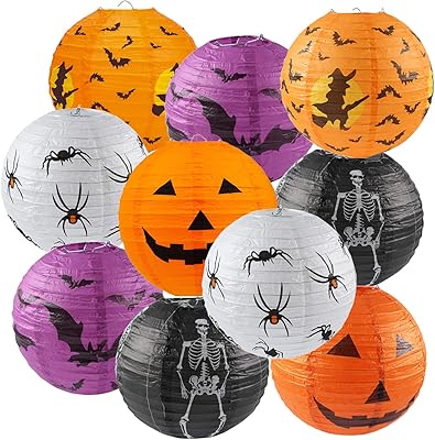 10PCS Halloween Paper Lanterns, Hanging Jack-O-Lantern Spider Skeleton Pumpkin for Halloween Party Decor, Indoor & Outdoor Spooky Home Decor - 10 Inches