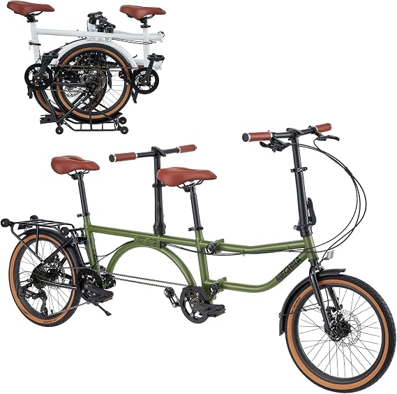 20 inch 4-Fold Tandem Bicycle for 2 Person, High Carbon Steel Frame, 7-Speed Gear, Front & Rear Disc Brakes, Foldable Rear Wheel & 4-Wheel Rack for Easy Pushing