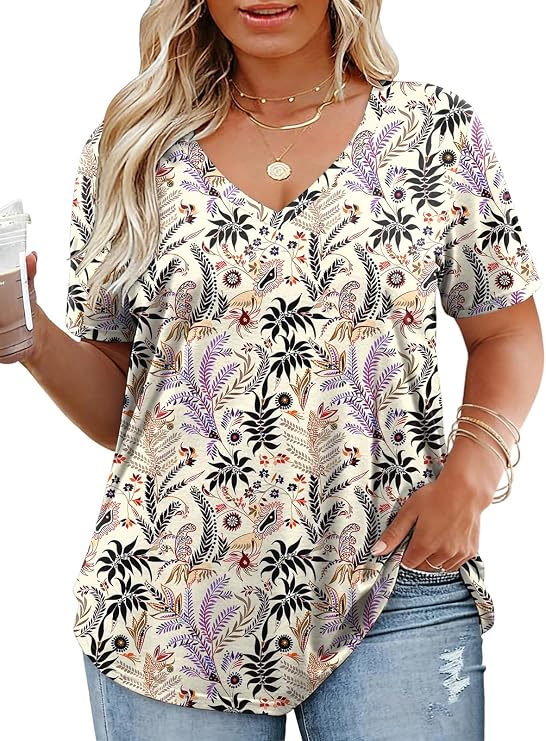 ROSRISS Plus Size Tops for Women Summer V Neck Tunics Short Sleeve T Shirts
