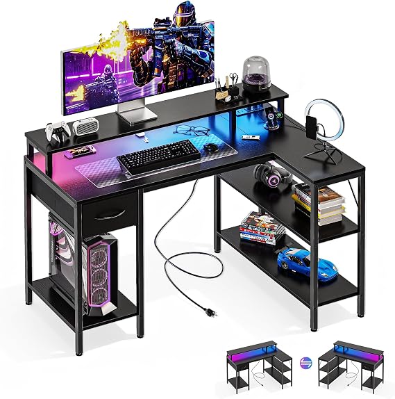 DUMOS Gaming Desk, Monitor Stand, LED Lights, Storage Shelves | USB Charging Ports, Power Outlets, Reversible L Shaped Corner, Small Spaces, Black
