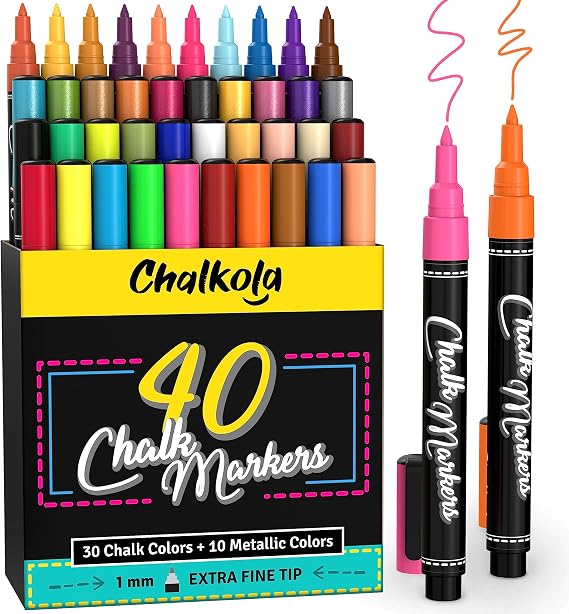 Extra Fine Tip Chalk Markers for Blackboard, Glass - (1mm Tip, Pack of 40)