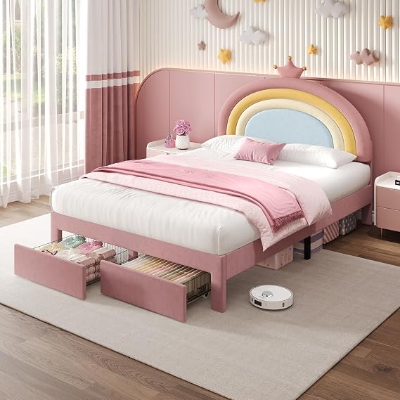 4ft6 Double Bed Frame Upholstered Platform Bed with 2 Storage Drawers and Adjustable Crown Rainbow Headboard, Upholstered Bed for Adults Kids Teenagers, Metal-Wood Support, Velvet, No Mattress, Pink
