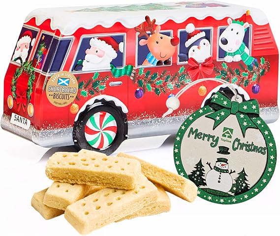 Red Camper Van Shortbread Biscuit Tin - Christmas Camper Van Gifts Tin with Scottish Shortbread Cookies 320g & Topline Tree Ornament. Great for Stocking Fillers, Christmas Gifts for Camper Van Lovers