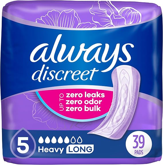 Always Discreet Adult Incontinence Pads for Women, Drier, 5 Drop Long Length, Heavy Absorbency, Pads for Bladder Control Management, Bladder Leaks, Postpartum Pads, 39ct