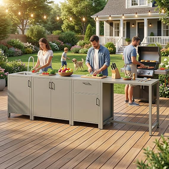 Wisteria Lane Outdoor Storage Cabinet with Stainless Steel Sink, Aluminum Modular Outdoor Kitchen, All Weather Kitchen Island with Storage, Drawers & Bar Table for BBQ, Porch, Backyard