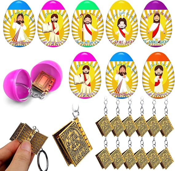 Ecation 24 Pcs Prefilled Christian Easter Eggs with Gold Mini Bible Keychain Religious Plastic Easter Eggs Jesus Easter Basket Stuffers for Egg Hunt Party Favors Christian Sunday School