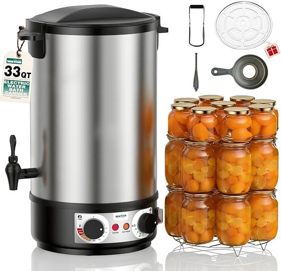 WantJoin Water Bath Canner - 1800W 33QT Stainless Steel Electric Canner, Adjustable Temp (86-212F) & Timer (30-180min), Makes 11 Quart Jars, Includes Rack, Jar Lifter, Funnel for Home Canning
