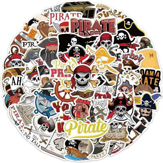 Cartoon Pirates 50pcs Vinyl Waterproof Stickers for Laptop, Car, Water Bottle, Skateboard, Luggage (Cartoon Pirates)
