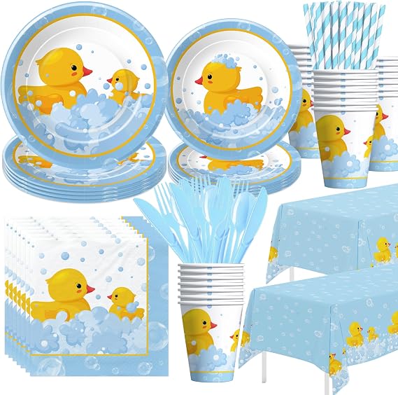 APOWBLS Rubber Duck Party Decorations Supplies, Bubble Bath Theme Serves 24 | Rubber Duck Party Supplies Tableware for Birthday Baby Shower, Disposable Paper Plates, Cups, Napkins, Tablecloth, Cutlery