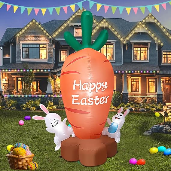 6 FT Easter Inflatable Carrot Decoration with 2 Bunnies - Build-in LED Lights Happy Easter Blow Up Yard Decor for Outdoor/Indoor Spring Holiday Party Lawn Garden