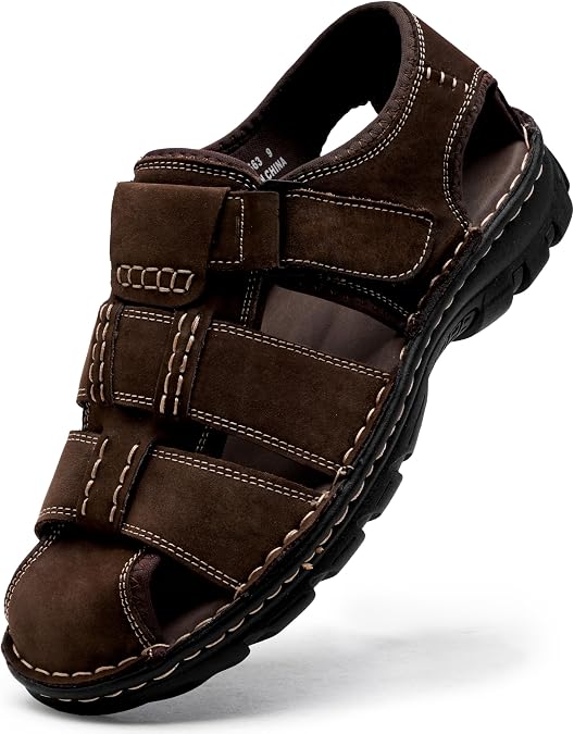 Jousen Men's Leather Hiking Sandals with Arch Support | Adjustable Velcro Strap Open Toe Comfortable Lightweight Waterproof Sport Water Sandals for Beach and Outdoor