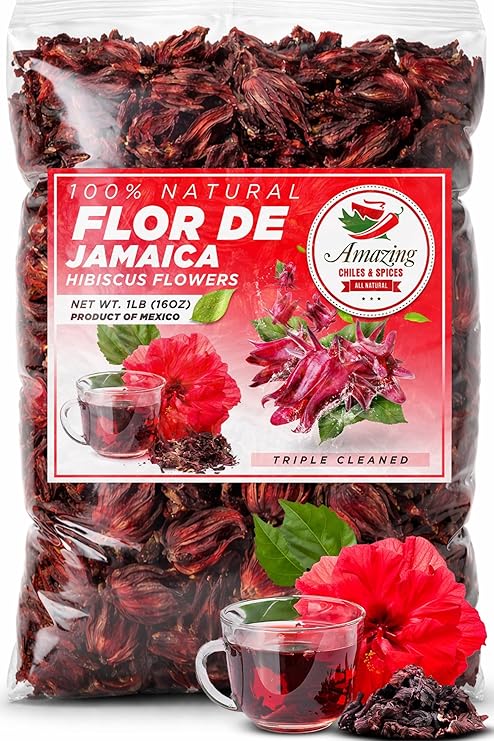 Hibiscus Flowers 1lb (16oz) All Natural, Triple Cleaned - Whole Soft Flowers and Petals - Flor de Jamaica. Great for Hot or Iced Tea and Agua Fresca. By Amazing Chiles and Spices | Caffeine free tart petals, triple cleaned. Brew hot or iced hibiscus tea, sorrel & cocktails. All natural. Resealable bag.