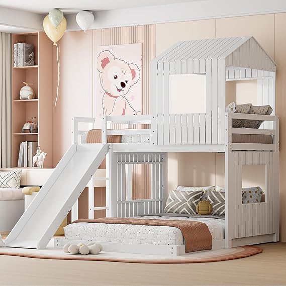 Harper & Bright Designs Wooden Twin Over Full Bunk Bed with Convertible Slide and Ladder Farmhouse Loft Bed with Playhouse Roof -Length Guardrails, Two Assembly Options (White)