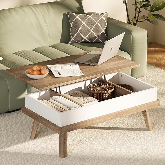 Wood Coffee Table, Lift Top Coffee Table with Hidden Compartment, Living Room Reception Room, 39.4in L, Ivory