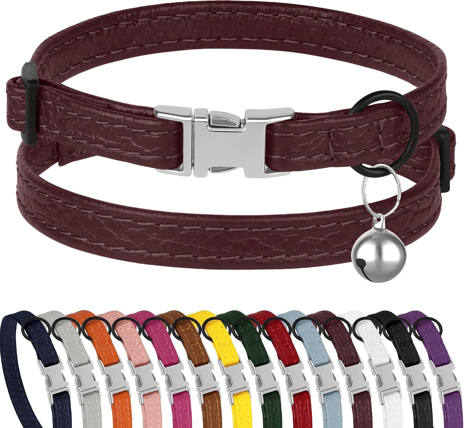 Leather Cat Collar with Buckle and Removable Bell - Non Breakaway Adjustable Soft Safety Small Pet Collars for Girl Boy Cats Kitten Burgundy