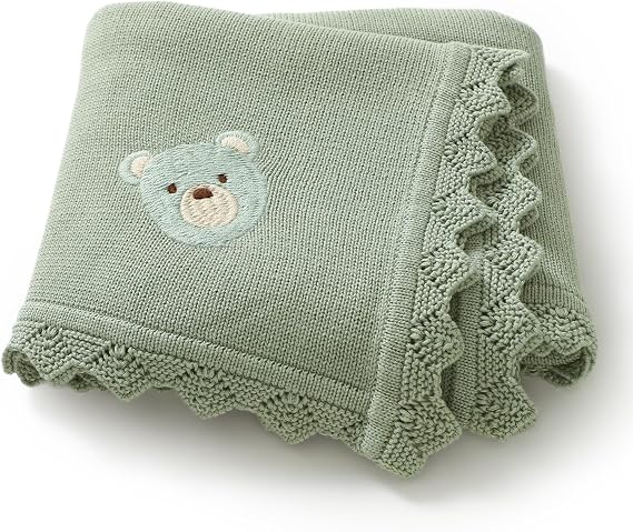 Cotton Cellular Baby Blanket Knitted Soft Lovely Bear Blanket | for Newbron Baby Boy and Girls with Lovely Bear 100 x 80cm sage green