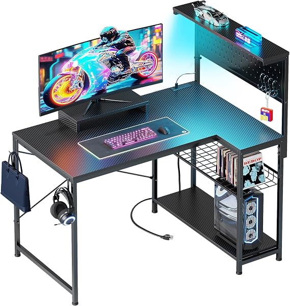 Gaming Desk L-Shape with Pegboard Hutch & Shelves, Adjustable Pc Small Computer Desk with Power Outlets & LED Lights, Reversible Corner Desk for Home Office, Carbon Fiber Desktop, 110x70cm