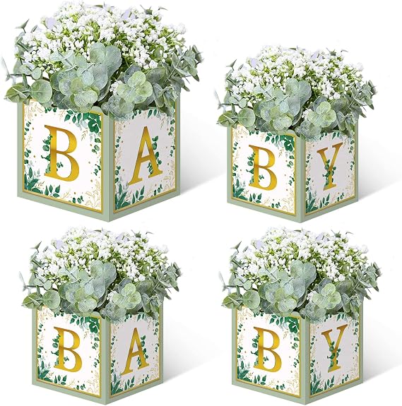 TSVATE Sage Green Baby Shower Boxes, 4PCS Sage Green Gender Reveal Party Supplies Party Centerpiece for Baby Shower First Birthday Decorations (Without Flowers)