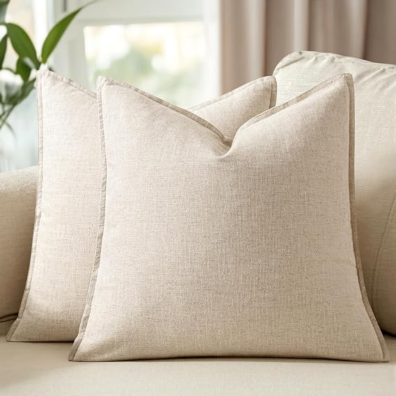 24x24 Inch Set of 2 Decorative Linen Solid Throw Pillow Covers Boho Accent Farmhouse Couch Pillowcases Modern Netural Euro Home Decor for Couch Sofa Living Room Bed,Beige