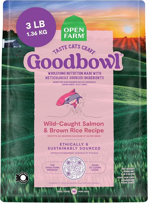 Open Farm Goodbowl Dry Cat Food, Wild-Caught Salmon & Brown Rice, 3lb Bag | High Protein w.Wholesome Grains and Humanely-Raised Proteins, 100% Traceable Ingredients, Non-GMO Produce, All Life Stages.