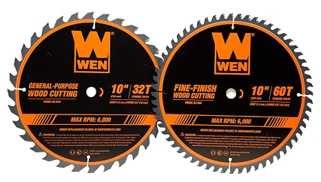 WEN BL1032-2 10-Inch 32-Tooth and 60-Tooth Carbide-Tipped Professional Woodworking Saw Blade Set, Two Pack