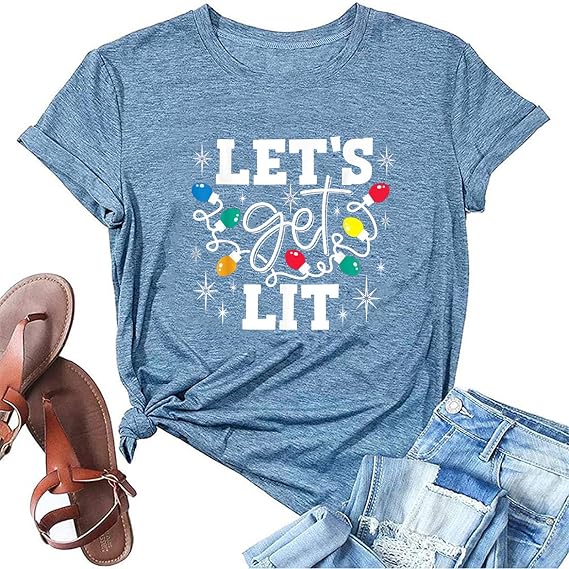 Funny Christmas Shirts for Women Lets Get Lit Christmas Lights Holiday Tops