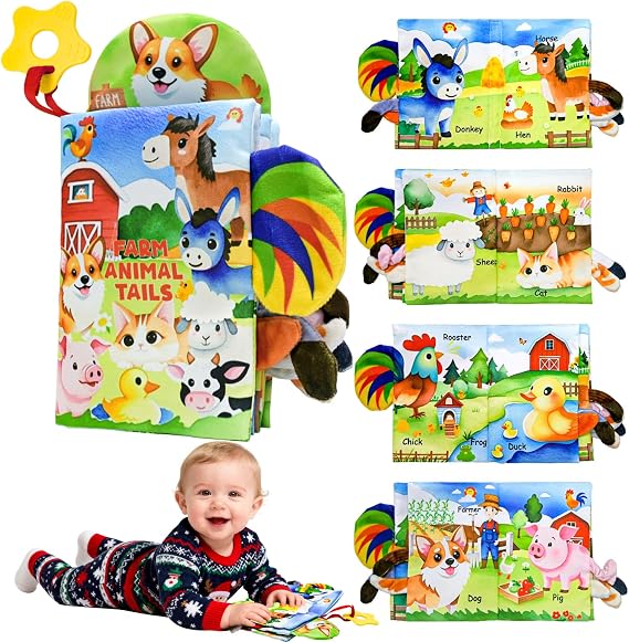 Kimicare Farm Crinkle Books for Babies, Touch and Feel Cloth Soft Farm Animal Tail Baby Books 0-6 Months with Teething Toy, Infant Toys 6-12 Months, Baby Christmas Shower Gifts