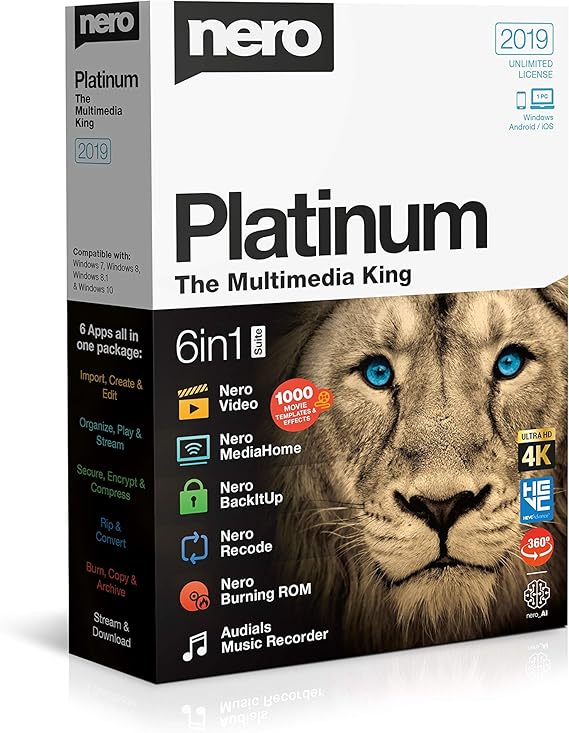 Nero Platinum 2019 | 6-in-1 Multimedia Suite | Video Editing, Burning, Backup, and More | Lifetime License | 1 PC | Windows 10/8/7