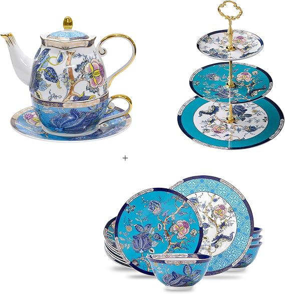 ACMLIFE China Set with Tea Set for Adults, Dinnerware Sets and Cake Stand, Wedding and Chrismas GiftBlue