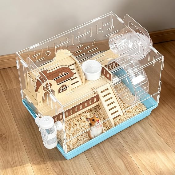 Acrylic Hamster Cage Small Hamster Habitat 360 Viewing Hamster Enclosure with Running Wheel & Chewproof Hideout for Dwarf, Guinea Pig, Gerbils, Blue, 13.3" L*10.2" W*12.4" H