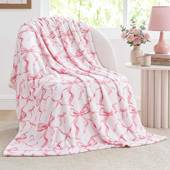 Buryeah Pink Bow Throw Blanket 50"x60" Ultra Soft Flannel Coquette Aesthetic Blanket for Girls Women Preppy Room Decor for Bed Sofa Back to School Gift