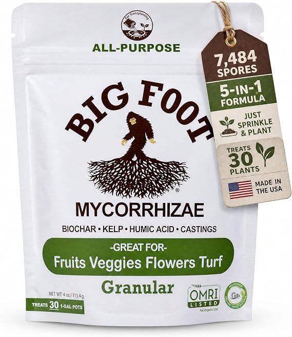 Big Foot Mycorrhizae - Double Your Plant Size, Easy to Use, Made in USA, Treats 30 Plants (7,500 Mycorrhizal Spores) Fertilizer, 4 Ounce Package