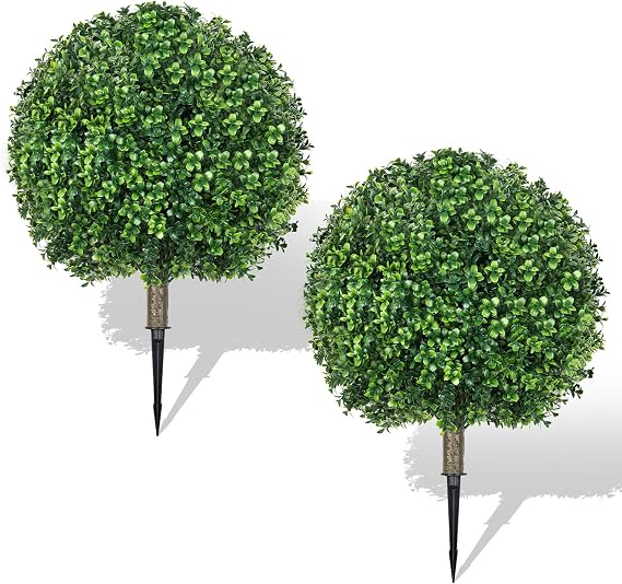 Artificial Boxwood Topiary Ball Trees 65cm: 2 Pack Fake Shrubs with Ground Spike – UV Fade Protected, Evergreen Artificial Plants Outdoor Indoor Front Porch Garden Balcony Spring Decor