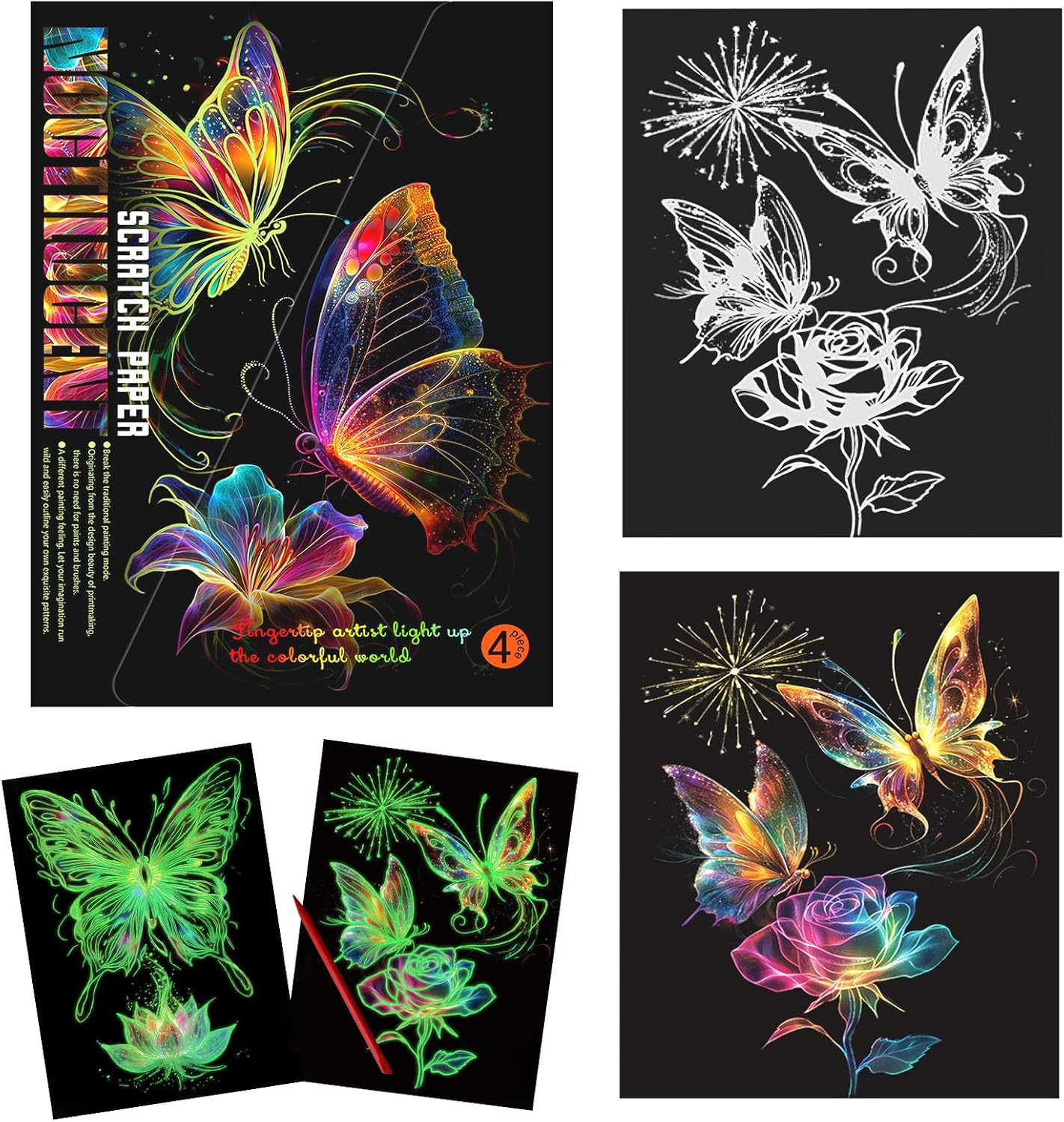KSIWRE 4 Sheets Scratch Art for Adults &amp; Teens,Beautiful Night View Scratch Painting,Glow in The Dark Rainbow Scratch Paper(Butterfly)