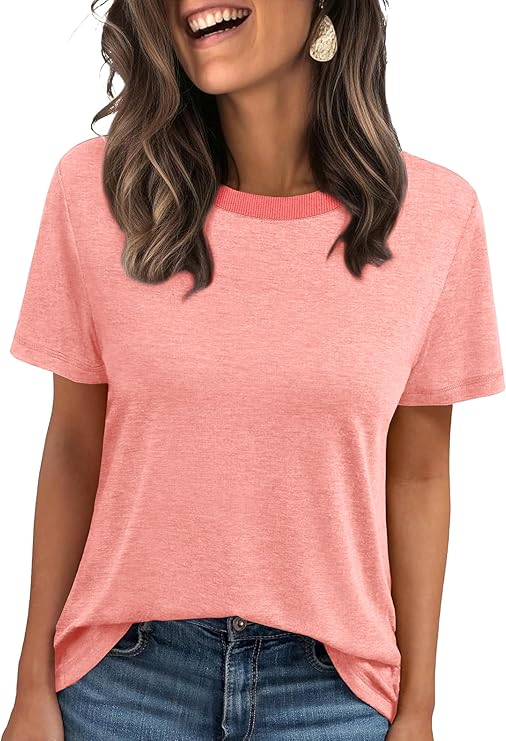 Jescakoo Womens Tops Summer Short Sleeve Ribbed Trim Crewneck T Shirts Spring Vacation Outfits Fashion Clothing Basic Tee