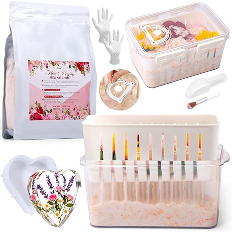 Aboofx Silica Gel Flower Drying Crystals Kit with 5L Storage Box, Gloves and Love Shaped Mold for DIY Dried Flower Resin, One Step Retrieve Dried Flowers, Flower Preservation Kit for Craft Lover