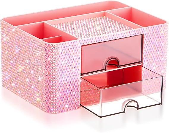 MotiMind Rhinestone Desk Organizer 2 Drawer, Pink Diamond Pen Holder