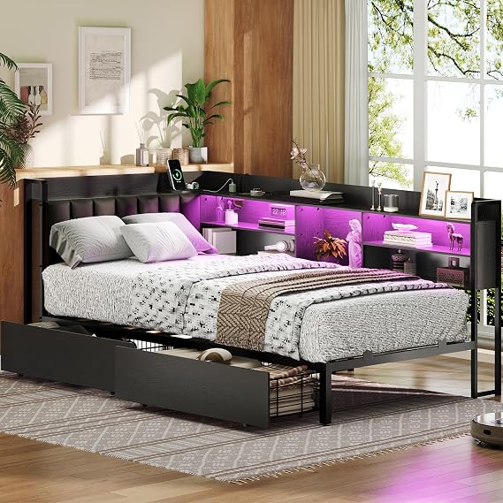 RALGEND Corner Bed Frame with Bookcase Storage and PU Upholstered, Twin Daybed with 2 Drawers and Charging Station, Metal Platform Bed Fram for Living Room, Bedroom, Guest Room, Black