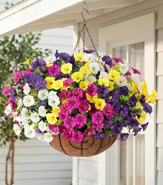 HyeFlora Artificial Fall Hanging Flowers with Basket Faux Plants for Outdoors, Fake Silk Morning Glory with Eucalyptus in Planter UV Resistant Outdoor Flowers for Outside Porch Patio Garden Home