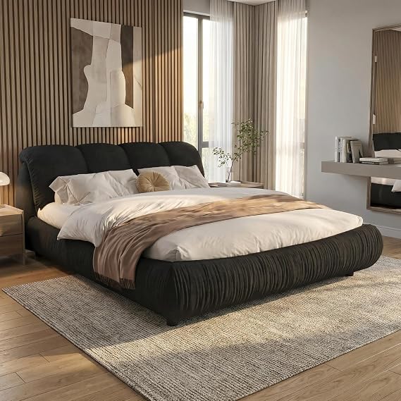 Queen Size Upholstered Platform Bed with Oversized Padded Headboard, Modern Luxury Solid Wood Queen Bed Frame, Multiple Mattress Heights Upholstered Cloud Bed Frame, No Box Spring Needed, Black
