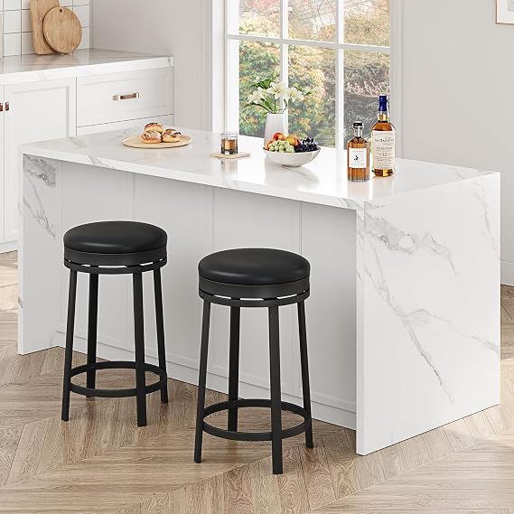 Black Swivel Bar Stools Set of 2, 24.4" Counter Height Bar Stools - 360 Smooth Swivel, Metal Frame with Footrest, Waterproof PU Leather, Round Backless Barstools for Home Bar, Kitchen Barstools